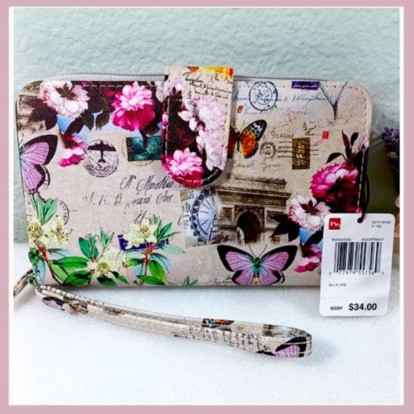 Mundi Handbags - Mundi Butterfly & Floral All in One Wristlet Wallet, Butterfly Wallet